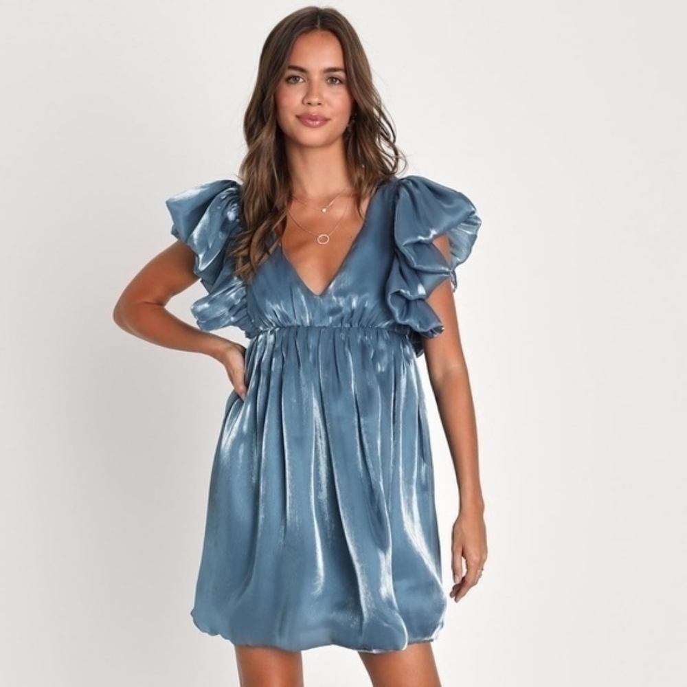 Luku's Metallic Blue Babydoll Mini Dress
